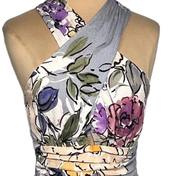 Tracy Reese blue gray floral silk crepe fit and flare dress watercolor floral - Picture 10 of 11
